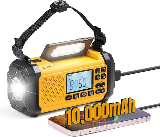 Raddy SH-906 Emergency Radio, 10000mAh NOAA Weather Alert Hand Crank Solar AM/FM/SW/VHF Radio with Flashlight, Reading Lamp, SOS, Compass, Cell Phone Charger for Survival Outdoor