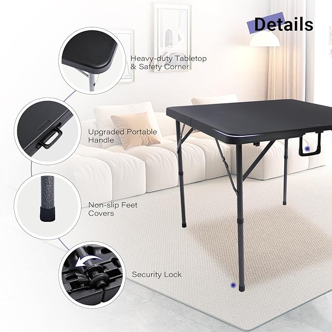 Byliable 34" Square Folding Card Table, Fold-in-Half Utility Dining Portable Table Heavy Duty HDPE Plastic Foldable with Carrying Handle Indoor Outdoor for Picnic, Camping, Party, Black