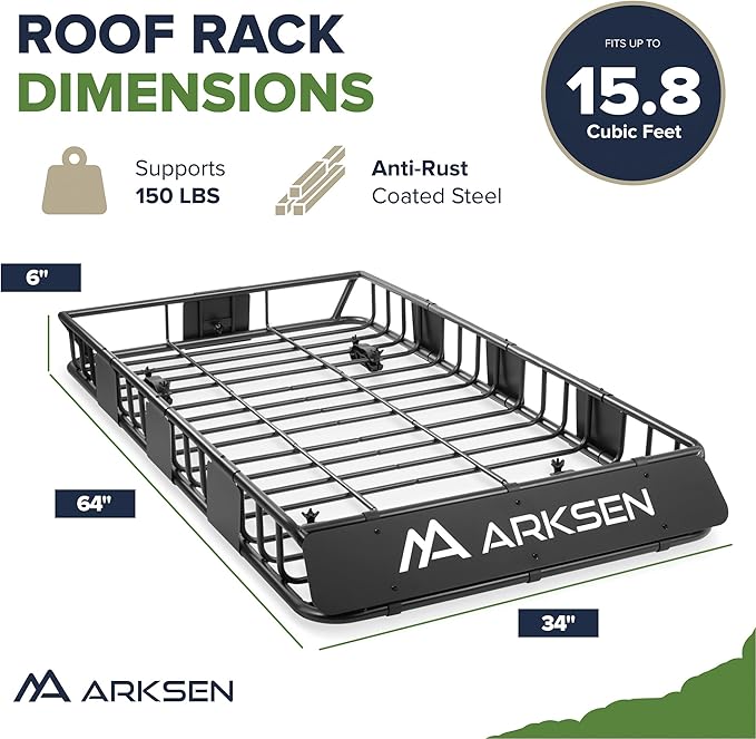 ARKSEN 64" x 34" x 6" Roof Rack Cargo Basket with Extension, 150 LBS Universal Heavy Duty Steel Rooftop Carrier with Waterproof Bag, Cargo Net & Tie Down Straps for SUV, Truck, RV, Pickup