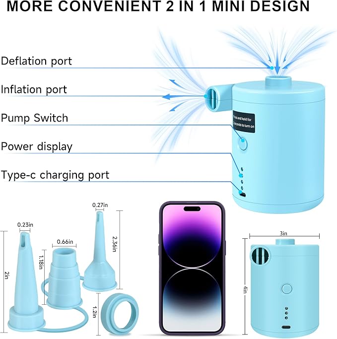 Air Pump for Air Mattress, Air Mattress Pump for Inflatables, Quick Fill Inflator Deflator Air Pump Perfect for Outdoor Camping Inflatable Boat Blow Up Pool Water Toy Car Air Bed