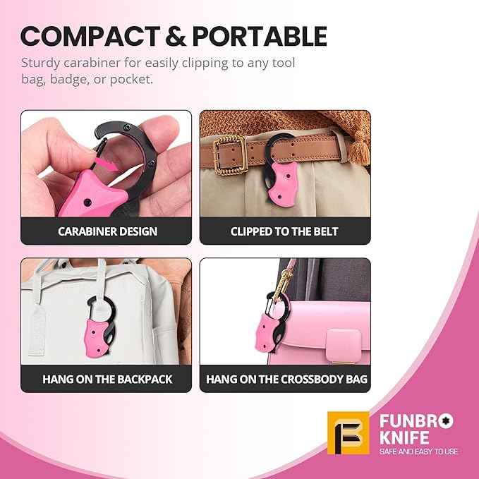 FUNBRO Pink Keychain Knife Stocking Stuffers Gifts for Mom, Cute Box Cutter Small Pocket Knife Gadgets, EDC Knives Tool with 1.34 inch Sharp Blade for Everyday Carry, Womens Christmas Gift for Her