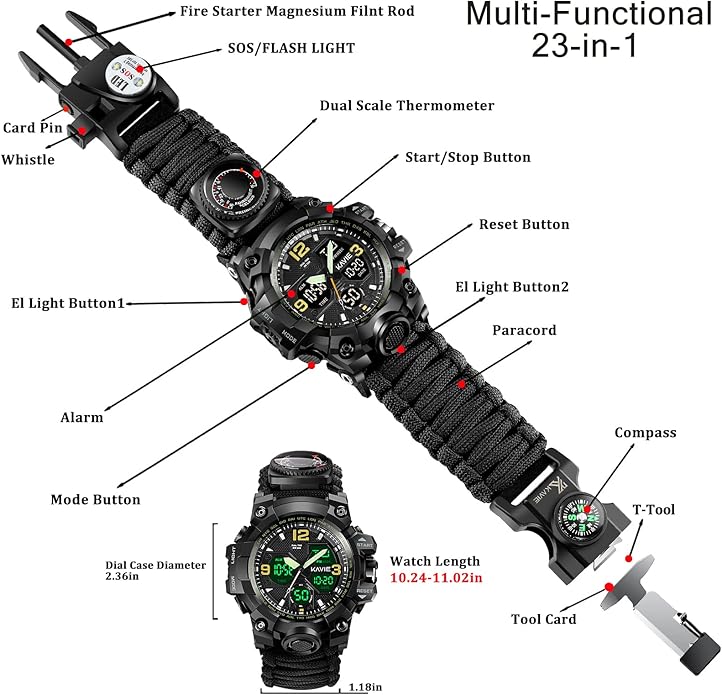 Mens Tactical Military Digital Watch, 23-in-1 Survival Multi-Functional Army Outdoors Waterproof Camouflage Sports Watches Dual Display Analog LED Electronic Wristwatches with Compass Paracord Band
