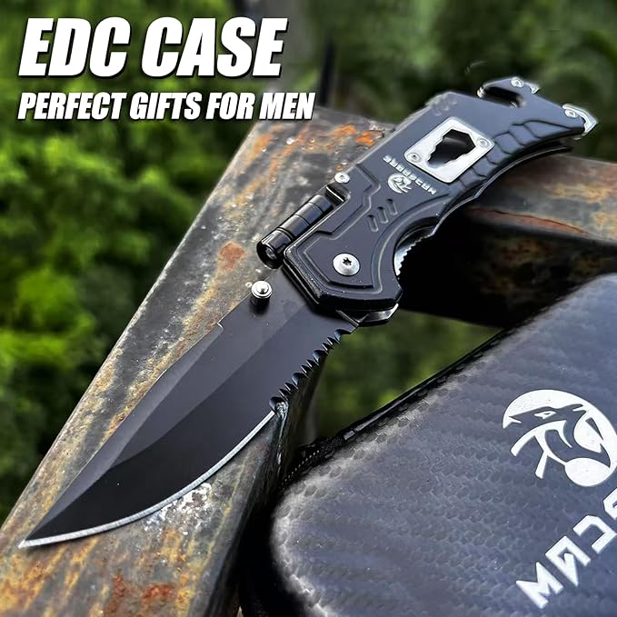 MADSABRE Multitool Pocket Knife with Clip and Case, 8-in-1 Folding Knives with Glass Breaker, Bottle Opener, Wrench, EDC Multitool Knife for Camping, Survival, Gifts for Men (Black)