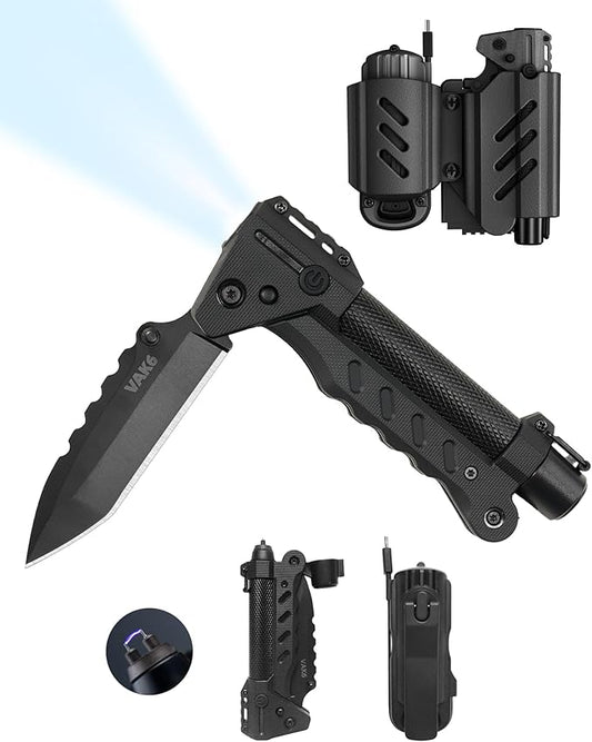 sayram Survival Multi Tool - 4-in-1 Tactical Knife, Rechargeable Flashlight, Pulse Arc Lighter, Hand Crank Generator for Emergency, Camping & Outdoor (Belt Sheath Included) (Black)