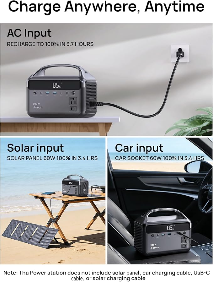 DaranEner Portable Power Station, 300W (Surge 600W) 192Wh(60,000mAh) Power Bank with 110V AC Outlet, LiFePO4 Battery for Home Emergency, Camping, Travel,& Outdoor Electronics(Option Solar Generator)