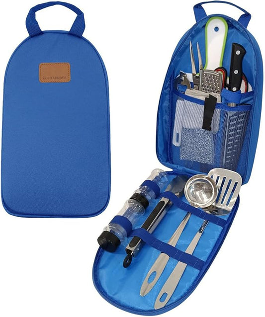 Gold Armour 13 Piece Camp Kitchen Utensil Organizer Travel Set - Essential Outdoor Camping Gear & Accessories Kit, Portable BBQ Camping Cookware Stainless Steel Travel Kit Equipment