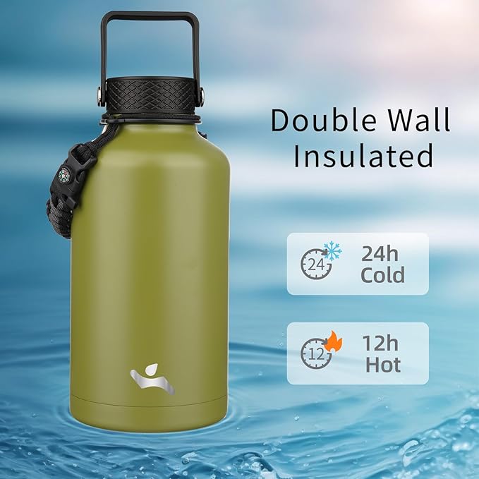 Konokyo Half Gallon Insulated Water Bottle with Straw,64 oz 3 Lids Water Jug with Carrying Bag,Paracord Handle,Double Wall Vacuum Stainless Steel Metal Flask,Forest Green
