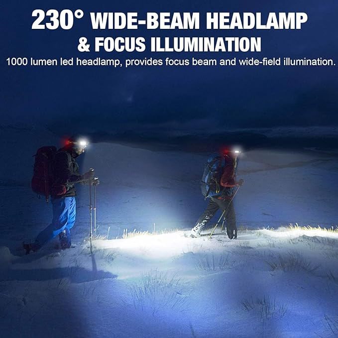 LED Headlamp, 1000lumens 230° Widebeam Headlight 4 Packs, USB Rechargeable HeadLamp with Red Taillight, Lightweight Waterproof Headband Light for Camping Running Hiking, Hard Hat Headlamp