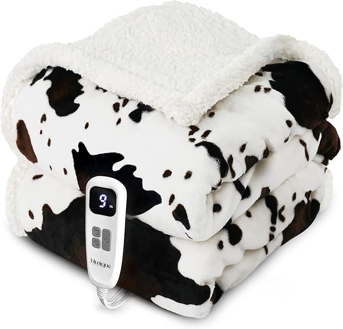 Heated Blanket Twin Blanket - Fast Heating Electric Blanket, Soft Flannel Heated Twin with 4 Time Settings,10 Heating Settings, Warm Gifts for Women & Mom & Grandma(62"x84"Cow Print White)