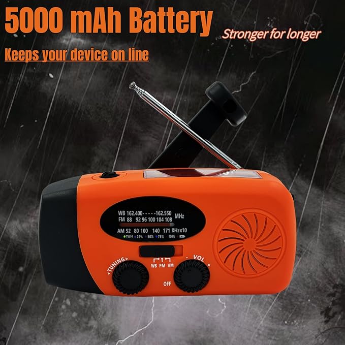5000mAh Hand Crank Emergency Weather Radio, am fm noaa Solar Radio with Led Flashlight and Earphone Jack, Charger for Smartphone, USB-C Cable/Self Powered with SOS Alarm (Orange)
