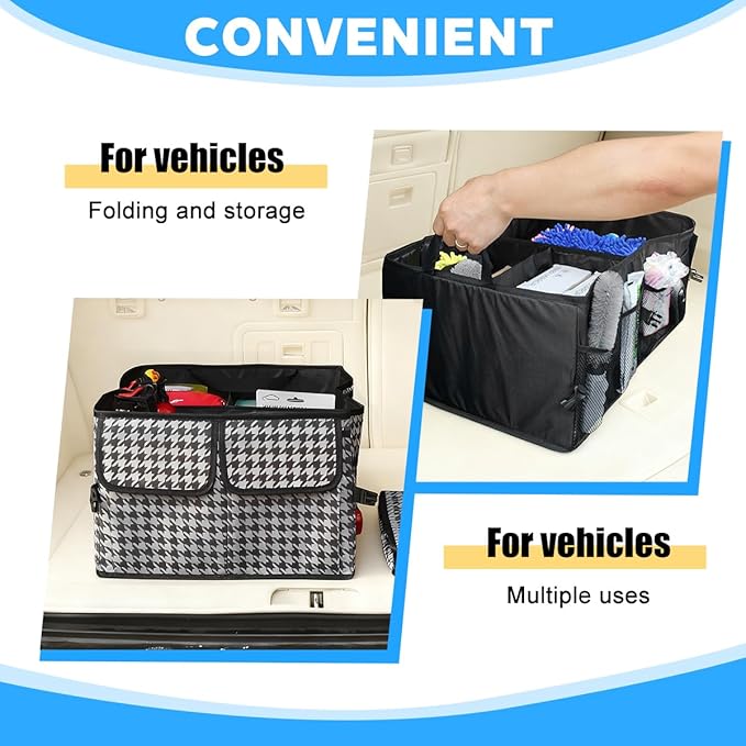Car Trunk Organizer, Collapsible Multi-Compartment Large Capacity Vehicle Storage Container, Foldable Adjustable Automotive Interior Organization Box, Universal Fit (Black)