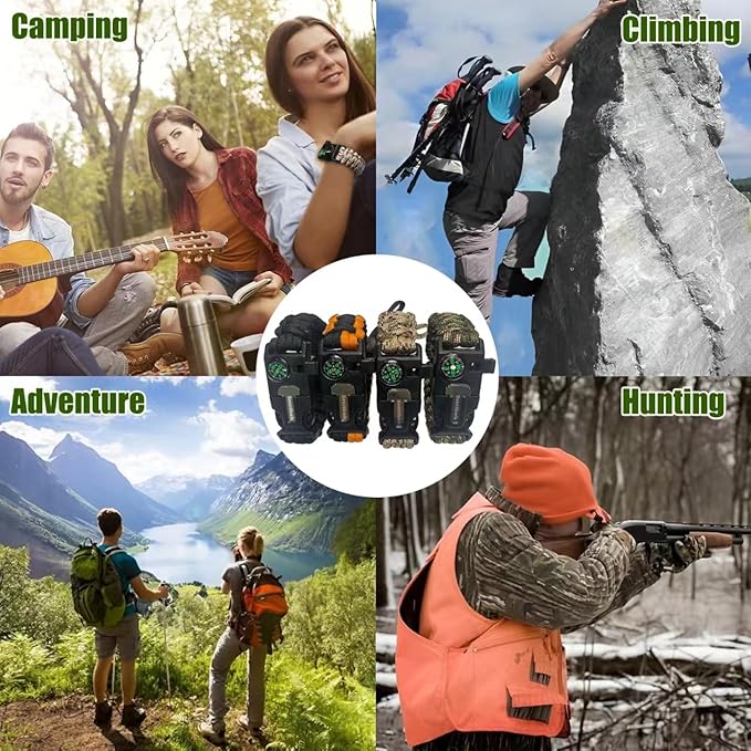 Smithok Paracord Survival Bracelet-Length Adjustable,Loud Whistle Emergency Compass Survival Fire Starter Scraper Accessories for Hiking and Camping and Hunting 4-Pack(Muti-Color)