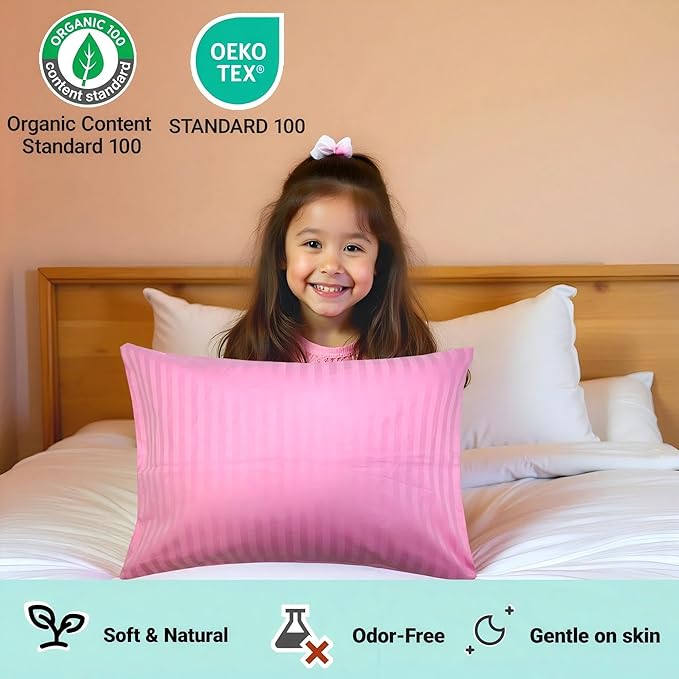 ZPECC Toddler Pillow with Pillowcase - 13x18 Organic Cotton Hypoallergenic Kids Pillow, Baby Essentials for Travel Crib Daycare Stroller (Intended for Age 2 and up) Pink Stripe
