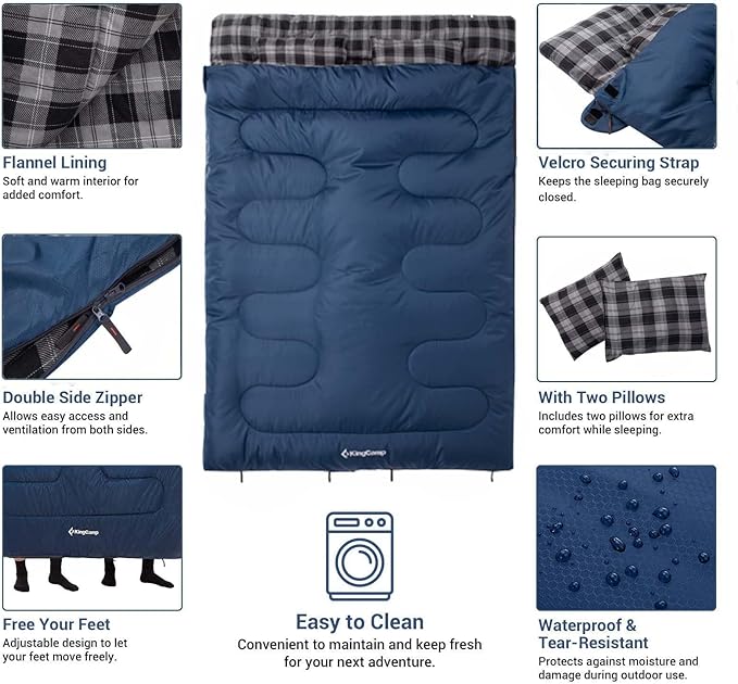 KingCamp Double Sleeping Bag for Adults, Queen Size 2 Person XXL Flannel Sleeping Bag, Waterproof Lightweight Flannel Quilt with 2 Pillows, Perfect for Couples Family Camping Hiking