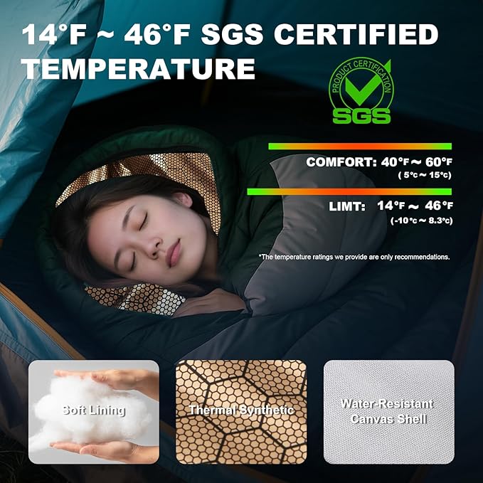 Sleeping Bag for Adults All Season 0 Degree,Cotton Canvas with YKK Zipper Compact Backpacking Mummy Camping Sleeping Bag
