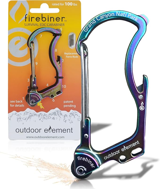 OUTDOOR ELEMENT Firebiner Custom Engraved 6-in-1 Fire Starter Carabiner Multitool – Survival Gear EDC Keychain with Utility Blade, Bottle Opener, Screwdriver, Emergency Tool