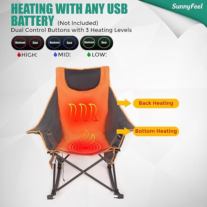 SUNNYFEEL Oversized Heated Rocking Camping Chair, Fully Padded Patio Chair with Side Pocket, High Back Portable Lawn Recliner with Carry Bag, Outdoor Rocker Camp Chair for Adults Heavy Duty 500 LBS