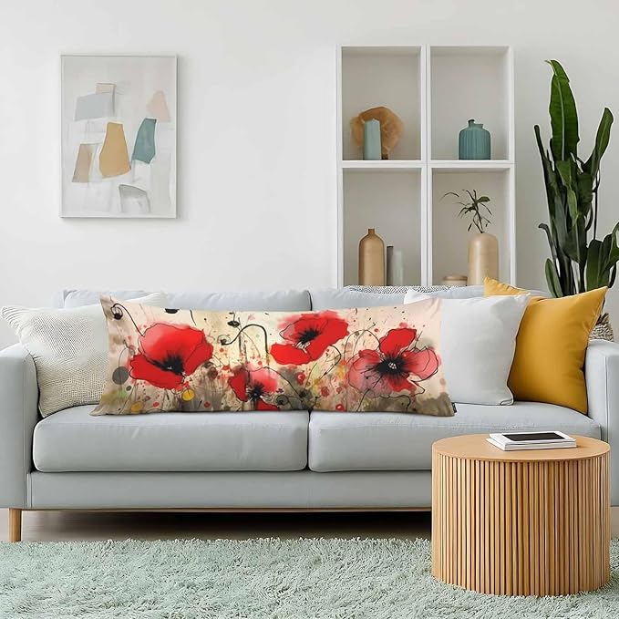 Red Poppy Decorative Body Pillowcase 20"X54", Watercolor Poppies Red Outdoor Body Pillow Covers Throw Pillow Cushion Covers Oversized Body Pillow Cases for Home Patio Office