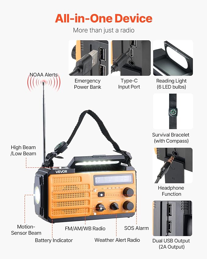 VEVOR Emergency Weather Radio, 8000mAh Battery, FM/AM/WB/NOAA Alert Solar Hand Crank Emergency Radio, Type-C Charging, USB Cable, SOS Alarm and Flashlight, Portable for Outdoor Emergencies, Camping