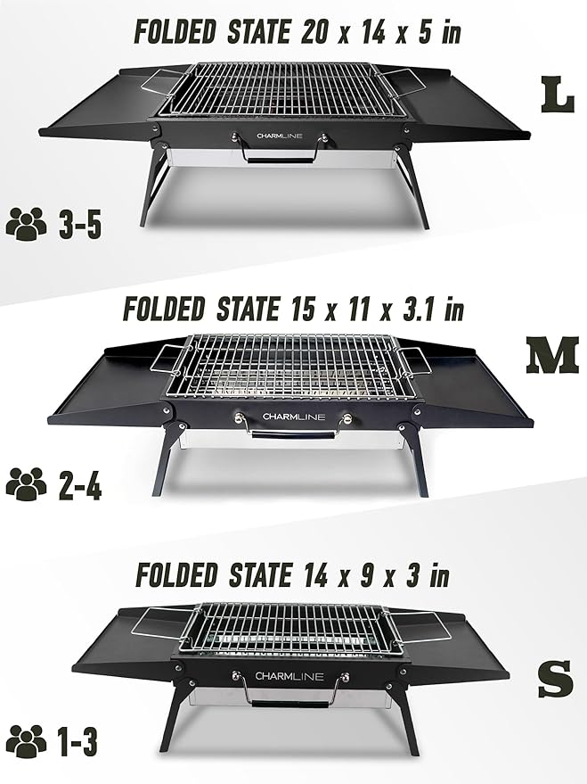 Charmline 20x14 inches Big Desktop Charcoal Grill, Liftable Grilling Net, Foldable Portable Grill for Indoor and Outdoor, BBQ Grill for Camping, Gardens, Picnics, Beach Parties, Black