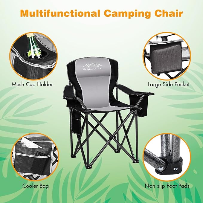 2PCS Folding Camping Chair Portable Outdoor Heavy Duty Padded Chairs Lawn Chair with Cup Holder, Storage Pocket and Cooler Bag, Supports 480LBS Black