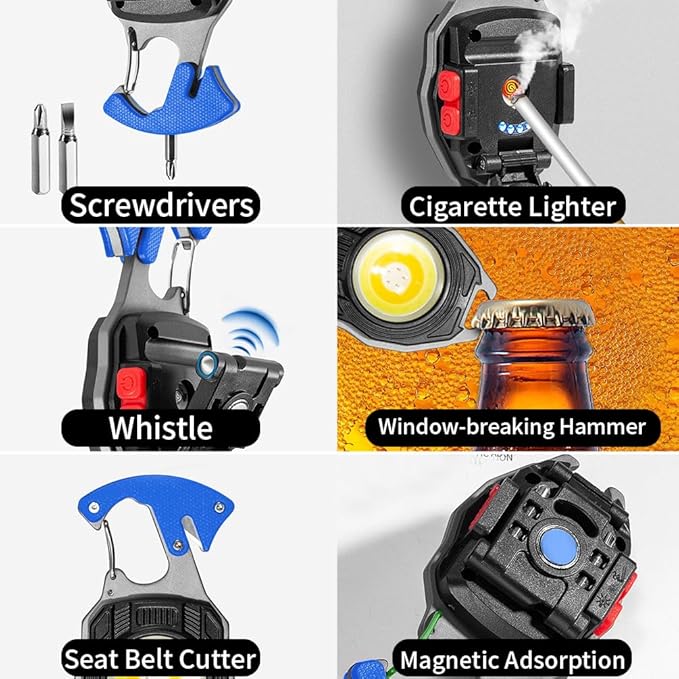 BY-J COB Keychain Work Light Keychain Flashlights, 7 Lighting Modes, 1600 Lumens, Rechargeable COB Work Light with Electric Lighter, Seat Belt Cutter, Screwdriver, Whistle
