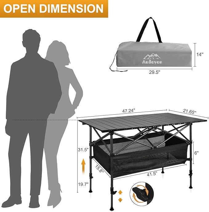 Folding Camping Table, Outdoor Roll-up Table Height Adjustable & Portable Metal Camp Grill Table for Picnic, BBQ, Party, Backyard, Beach, Mesh Storage and Carry Bag (Ash Black, 47.24'' X-Large)