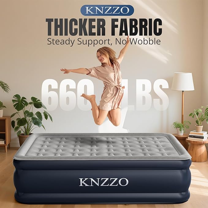 KNZZO Queen Air Mattress with Built-in Pump, 18" Top Inflatable Mattress with Waterproof Flocking Fabric, Three-Minute Quick-Inflatable Bed. Portable Blow Up Mattress for Home, Outdoor and Guests