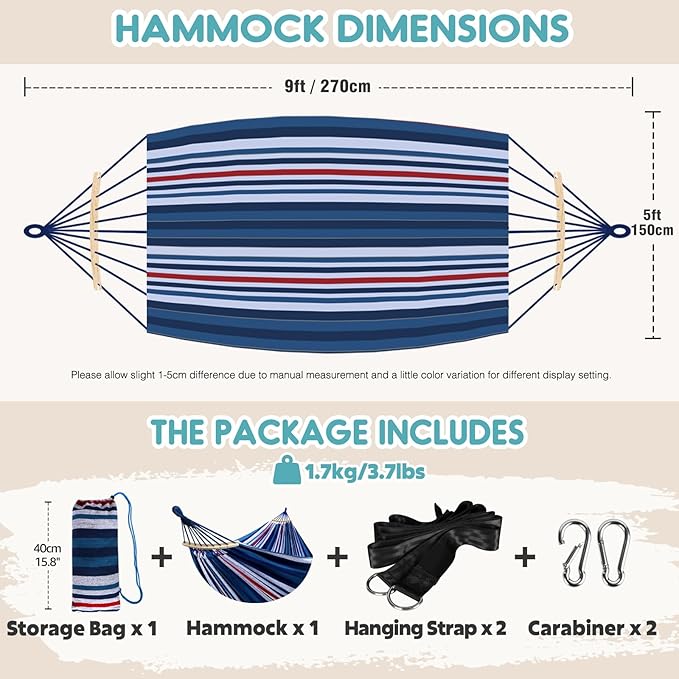 Anyoo Garden Cotton Hammock Comfortable Fabric Hammock with Spreader Bar Sturdy Hammocks Up to 450lbs Portable Lightweight Hammocks with Travel Bag for Camping Outdoor/Indoor Patio Backyard