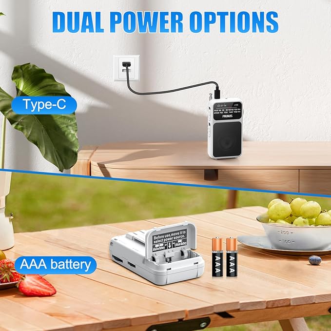 PRUNUS J-555 Pocket Radio AM FM USB-C Charging& Battery Operated, Excellent Reception& Clear Speaker and Headphone Jack, Back Clip, Flashlight, Transistor Radio, Portable Radios AM FM, Mini Radios