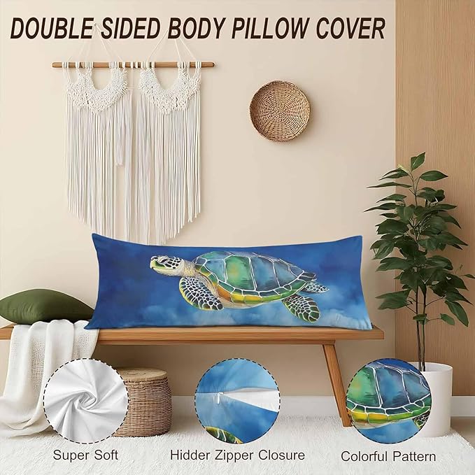 20x54 Body Pillow Cover Sea Turtle Zipper Body Pillowcase Side Sleeper Pillow Covers Ocean Turtle Body Cushion Cover Body Pillow Cases for Men Women Home Bedroom, Blue