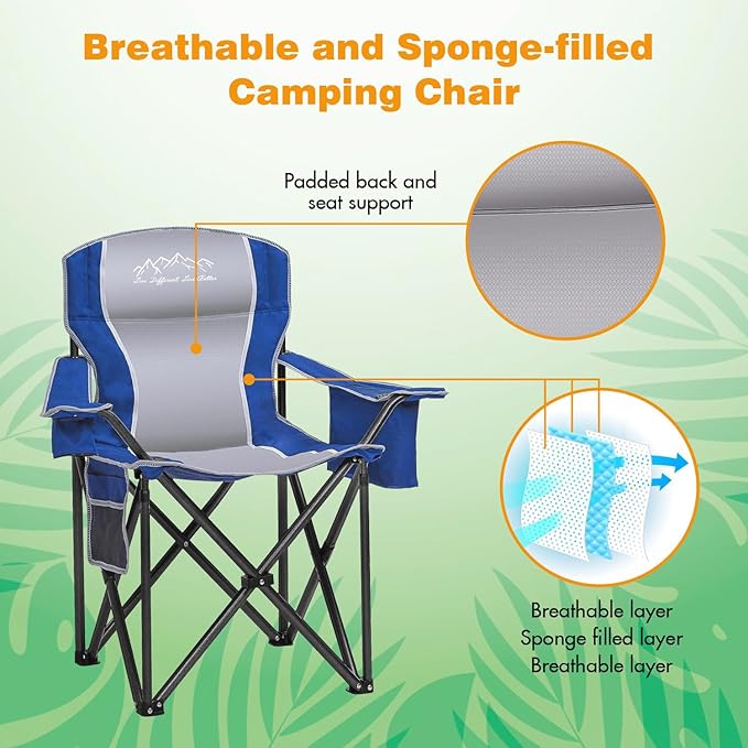 2PCS Folding Camping Chair Portable Outdoor Heavy Duty Padded Chairs Lawn Chair with Cup Holder, Storage Pocket and Cooler Bag, Supports 480LBS Blue