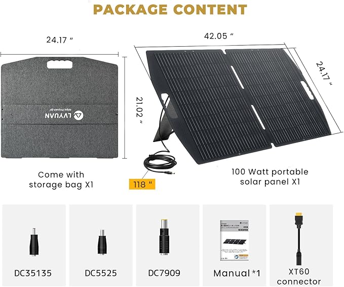 LVYUAN 100W Portable Solar Panel for Power Station, 18.5V Foldable Solar Panel 22.5% Mono Cell with ETFE, IP65 Waterproof with 4-in-1 Adapter Battery Charger for Outdoor Camping Van RV Trip