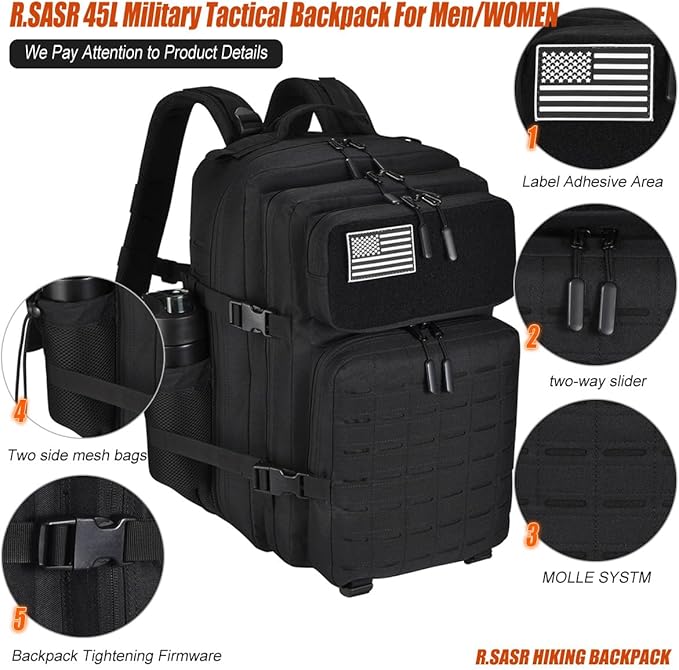 45L Tactical Backpack for Men Women, Military Assault Pack with MOLLE, Large 3 Day Bug Out Bag for Hiking Camping