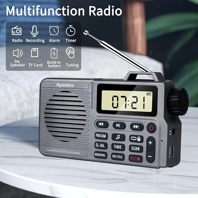 Portable AM/FM Radio, Small Pocket Radio with Bass Speaker, Support Micro SD Card and Record, Long Battery Life, Alarm and Sleep Function