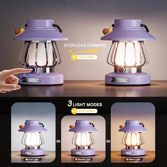V.C Formark Kids Camping Lantern Emergency Light for Kids, Toddler Night Light with Snail Design - USB C Rechargeable, 3 Color Dimmable LED for Bedroom, Tent, Power Outages & Adventures (Violet)