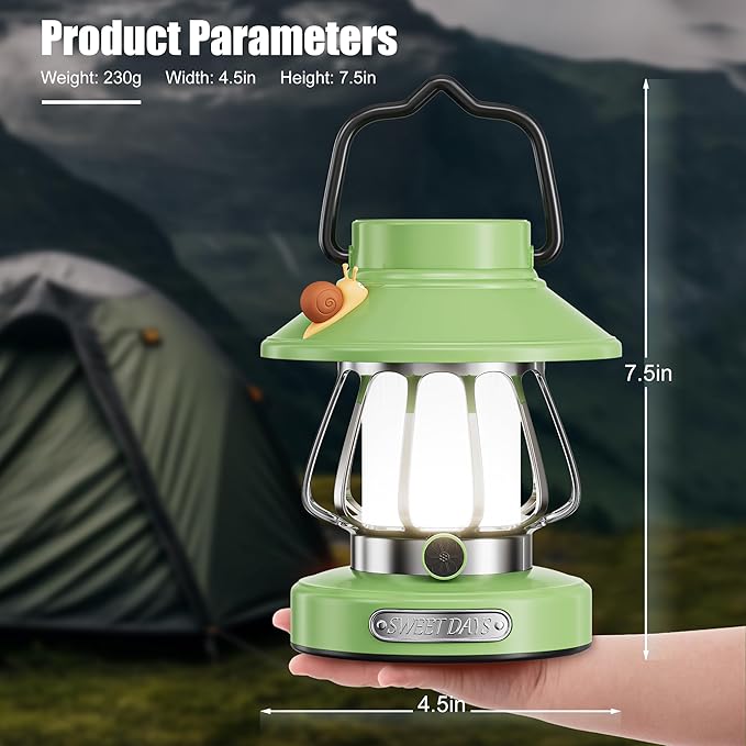 V.C Formark Snail Kids Camping Lantern Rechargeable - 3 Color Dimmable LED Light with USB-C Charging, Perfect Night Light for Bedroom, Outdoor Adventures & Emergency Use (Green)