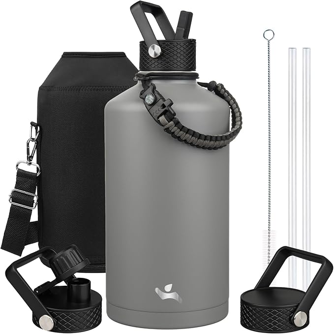 Konokyo Gallon Insulated Water Bottle with Straw,128 oz 3 Lids Water Jug with Carrying Bag,Paracord Handle, Double Wall Vacuum Stainless Steel Metal Flask,Gray