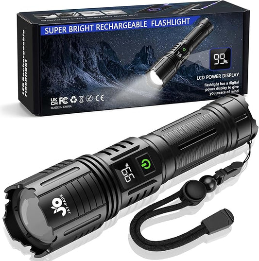 JAY-PARK Rechargeable Flashlights 10000 Lumen, LED Flashlight with Digital Power Display and Zoomable, Flashlights High Lumen Super Bright Long Distance for Camping, bushcraft, Outdoor