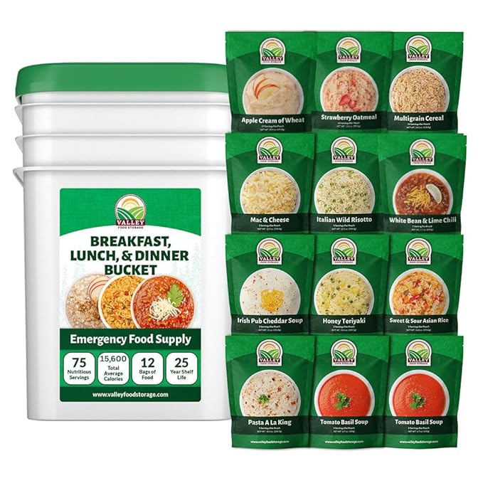 Valley Food Storage 80 Serving Emergency Food Supply Bucket | Breakfast, Lunch & Dinner Survival Meals | 25 Year Shelf Life Prepper Food for Disaster Preparedness, Camping & Off-Grid Living