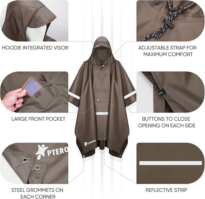 PTEROMY 3-in-1 Hooded Rain Poncho for Adult with Pocket, Waterproof Lightweight Unisex Raincoat for Hiking Camping Emergency