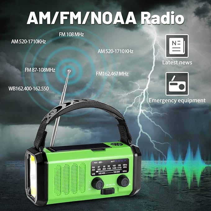 Aivica Emergency Hand Crank Radio with 10000mAh/37000mWh Battery Backup, AM FM NOAA Weather Radio, Type-C Charge,Solar Radio,SOS, 3 Modes LED Flashlight，Reading Lamp, Compass for Outdoor Survival