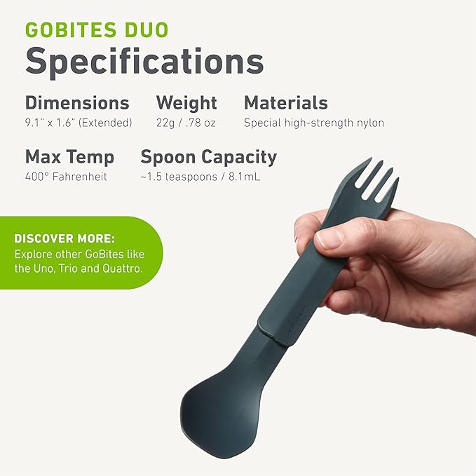 humangear GoBites Duo - Travel Silverware, Full Size Portable Fork & Spoon, Reusable Utensil Set, PC and BPA-free, Food-Safe, ﻿Extended - 9.1” X 1.6”