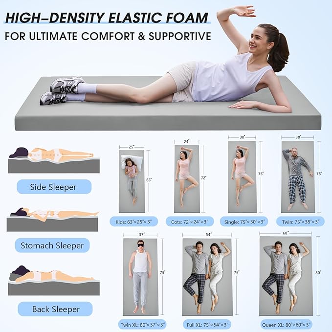 CYMULA Memory Foam Camping Mattress Pad,3inch Sleeping Pad for Camping,Non-Slip Bottom Floor Cot Car Mattress Bed with Retaining Portable Roll up Mattress Pad Mat for Travel Truck Guest Bed Tent