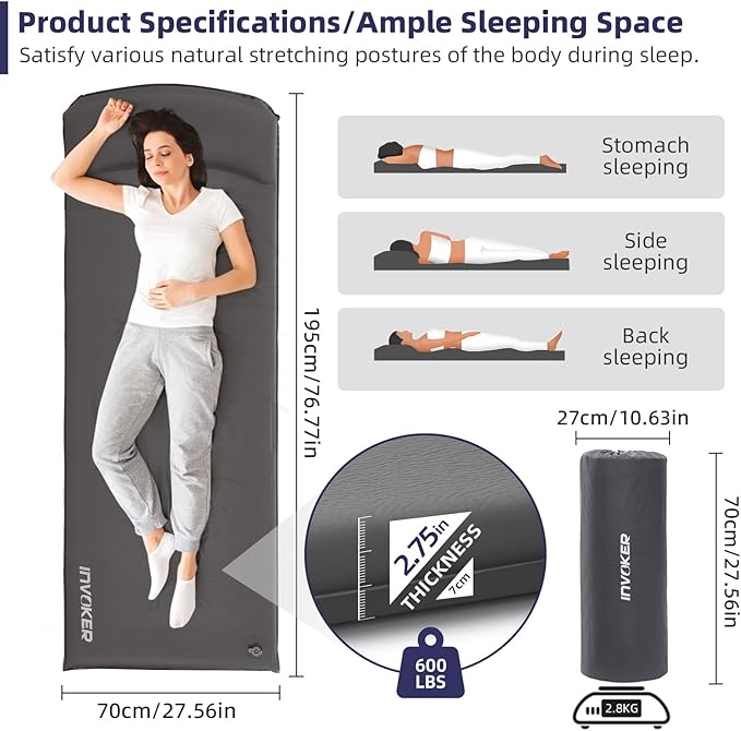 INVOKER Camping Sleeping Pad 3.15” Memory Foam Fast Self Inflating Insulated Durable Camping Mat Air Mattress with Pillow，for Tent, Traveling, Car, Camping, Grey