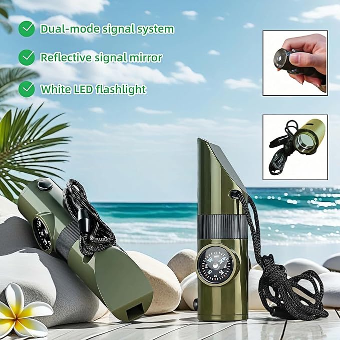 Emergency 7-in-1 Survival Whistle Kit:120dB Loud Safety Whistle with Compass,Thermometer, LED Light ,Signal Mirror & Waterproof Case for Outdoor Adventures Fire Starter for Hiking/Camping/Water Safety