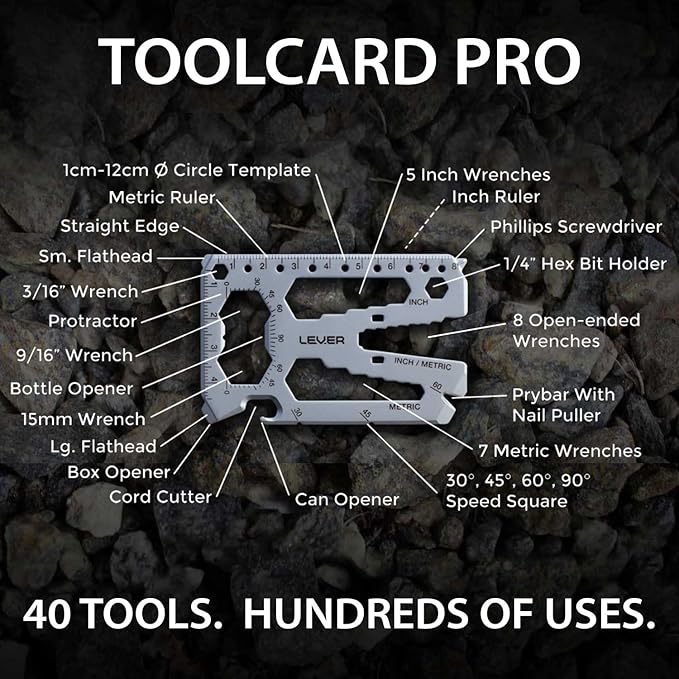 Lever Gear Toolcard Pro - 40 in 1 Credit Card Multitool. Slim, Minimalist Survival Card Wallet Tool Card. TSA Approved Multitool Card Pocket Tool. (Silver)
