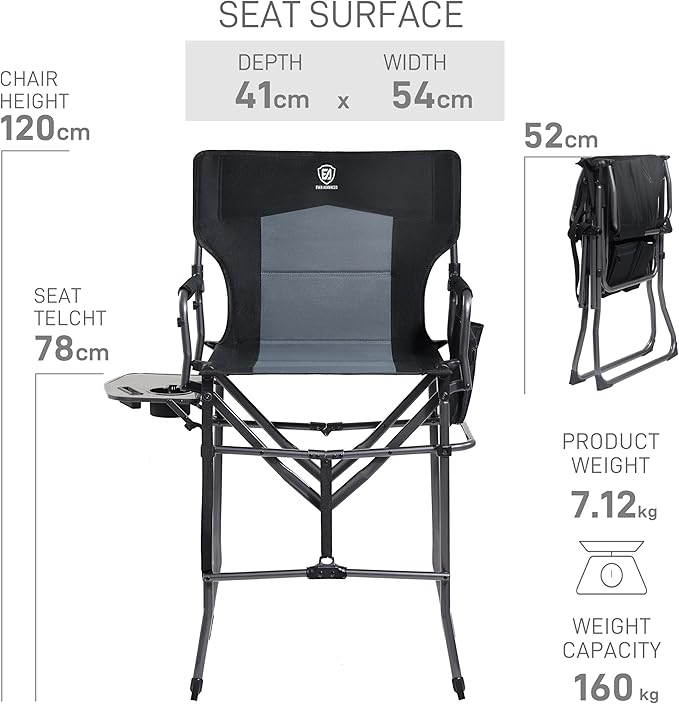 EVER ADVANCED Portable 30.7" Seat Height Tall Folding Camping Chair Directors Chair High Foldable Bar Stool with Side Table for Makeup Artist, Sports Event, Craft Show, Supports 350LBS