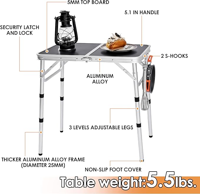 Folding Picnic Table 2ft Portable Camping Table Adjustable Heights Metal Aluminum Lightweight Foldable Small Outdoor Card Table with Carry Handle for Outside Indoor Camp Cooking BBQ Beach(Black)