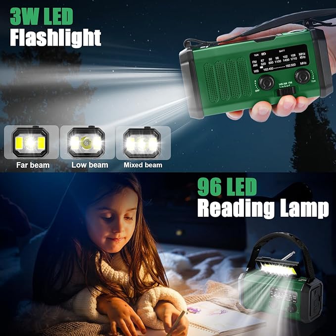 QAUYYW Hand Crank Emergency Radio,74000mWhSolar Powered Hand Crank Portable NOAA AM FM Weather Radio with 3Mode Flashlight and Reading Light,Cell Phone Charger,Home and Emergency Distress Signall